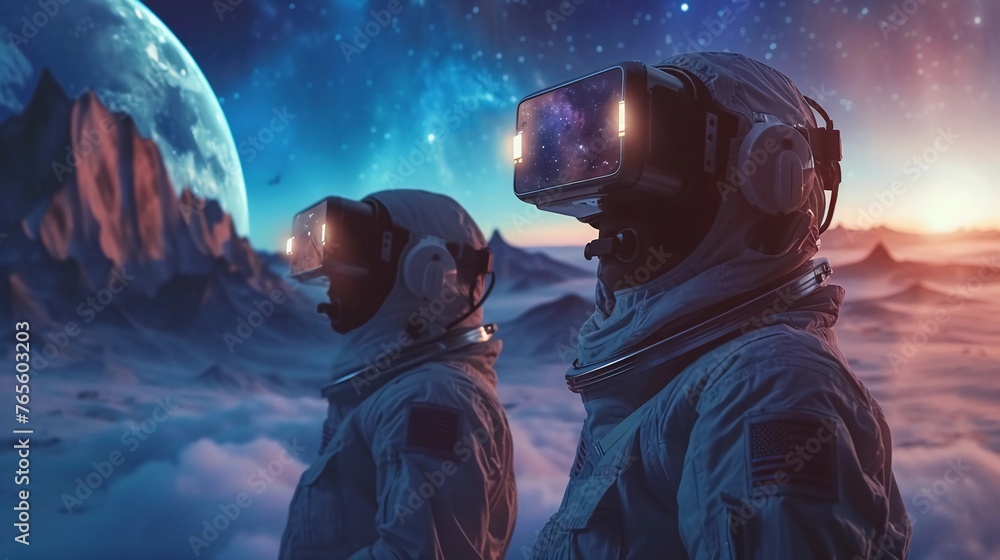 Astronauts Gazing At Cosmic Lights, Futuristic Space Suits With Reflective Visors, Sci-Fi Poster. Human Space Flight, Space Exploration, and Science Fiction. AI Generated - obrazy, fototapety, plakaty 