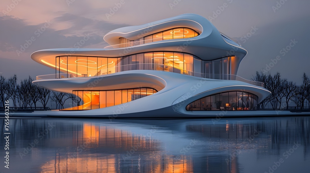 Modern oriental style house at sunset Modern oriental style house at sunset