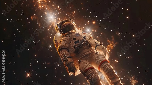 Astronaut in Spacesuit Floating Freely In Outer Space, Gold Glittering Stars And Galactic Dust. Human Space Flight. Weightlessness and Zero Gravity. AI Generated