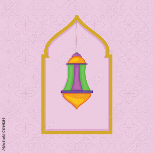 Colorful arabic lamp or lantern hanging by a frame on seamless background for holy month of muslim community, Ramadan Kareem celebration.