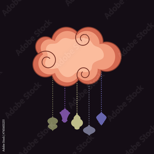 Colorful traditional arabic lamps or lanterns hanging by clouds on white background for holy month of muslim community, Ramadan Kareem celebration.