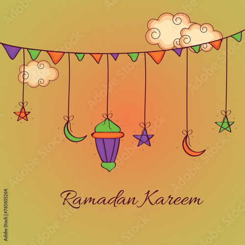 Holy month of muslim community, Ramadan Kareem celebration greeting card with hanging arabic lamp, stars and moons.