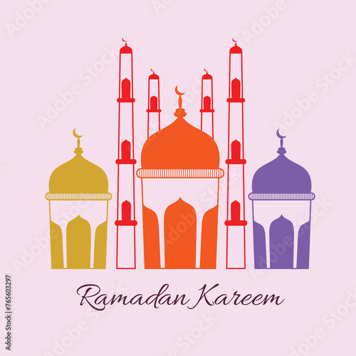 Colorful illustration of islamic mosque for holy month of muslim community, Ramadan Kareem celebration.