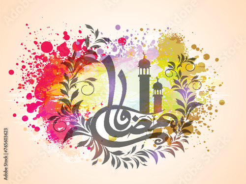 Arabic calligraphy of text Ramadan Kareem decorated with floral pattern and Islamic Mosque for Muslim community festival celebration.