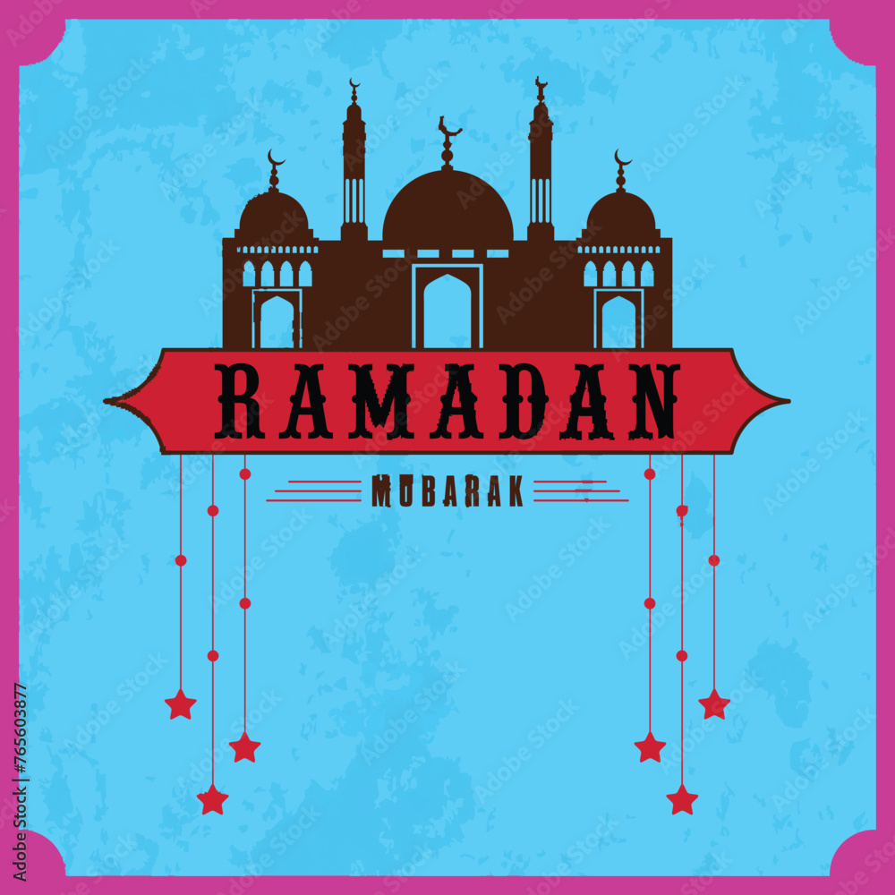 Naklejka premium Vintage poster or greeting card design with mosque and hanging stars for Islamic holy month or prayers, Ramadan Kareem celebrations.