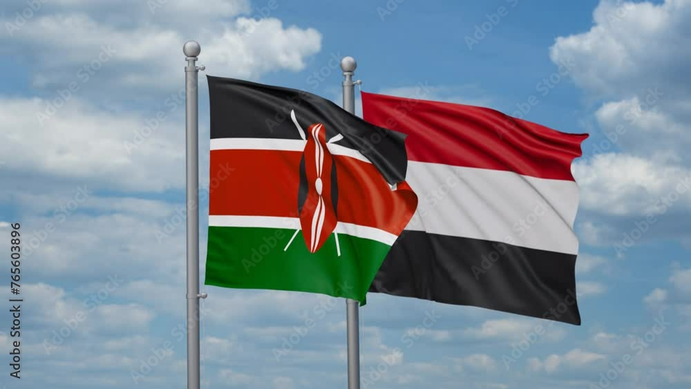 Yemen and Kenya two flags waving together, looped video, two country cooperation concept Yemen and Kenya two flags waving together, looped video, two country cooperation concept