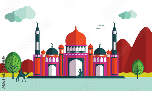 Beautiful view of a mosque and praying peoples on nature background, concept for Islamic holy month of prayers, Ramadan Kareem celebrations.