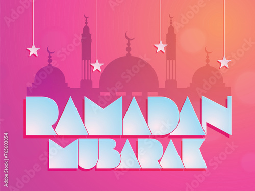 Stylish paper text Ramadan Mubarak with silhouette of mosque and hanging stars for Islamic holy month of the prayers.