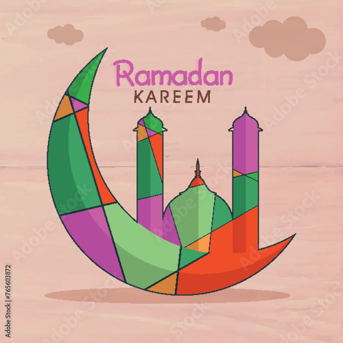 Colorful creative mosque on crescent moon for holy month of muslim community, Ramadan Kareem celebration on vintage background