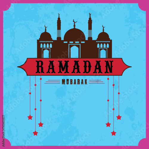 Vintage poster or greeting card design with mosque and hanging stars for Islamic holy month or prayers, Ramadan Kareem celebrations.