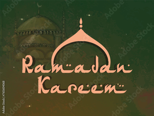 Stylish text Ramadan Kareem with mosque on grungy background for islamic holy month of prayer celebration.