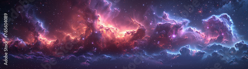 Wide angle panorama of beautiful Space Background featuring multicolored Gas clouds, Nebula and stars. Cosmic wallpaper. 