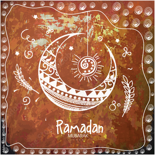 Holy month of Muslim community, Ramadan Kareem celebration with floral design decorated crescent moon on chalkboard background.