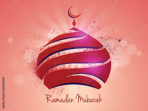 Beautiful pink upper part of a mosque on shiny rays background for Islamic holy month of prayers, Ramadan Kareem celebration.