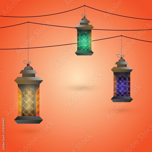 Colorful hanging illuminated arabic lamps or lanterns for holy month of community, Ramadan Kareem celebration.