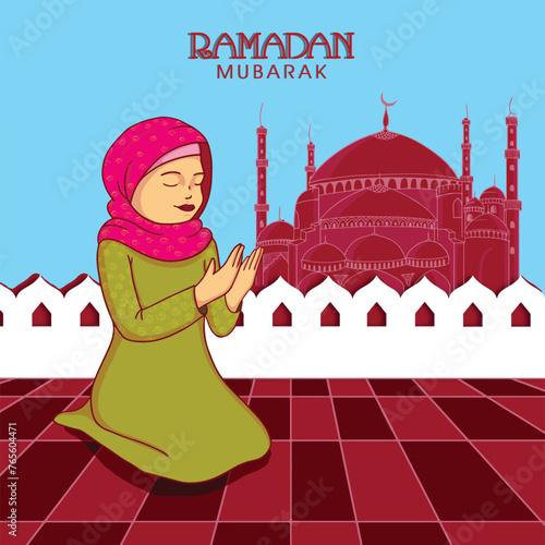 Young Muslim lady in hijab praying (reading Namaz, Islamic Prayer) on Mosque decorated background for holy month Ramadan Kareem celebration.