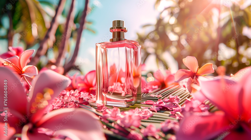 Fragrance bottle, perfume product on background of tropical jungle. Fragrance bottle, perfume product on background of tropical jungle.