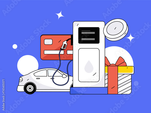 Vector Internet operation hand-drawn illustration of people getting discounts for refueling their cars
