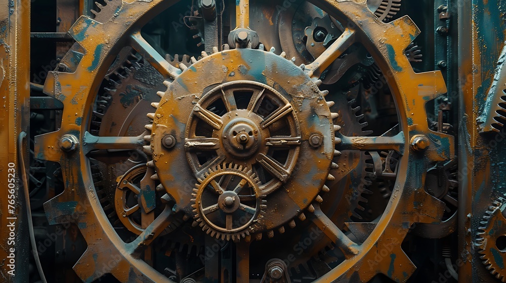 Vintage mechanical gear and wheel concept with closeup view of clockwork machinery in an industrial setting. Generative Ai