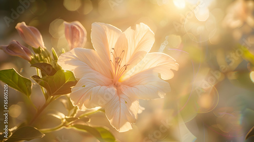 A close-up of a delicate flower bathed in soft sunlight