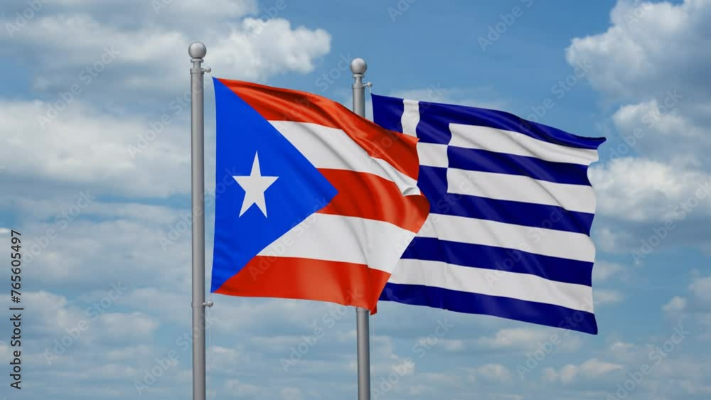 Greece and Puerto Rico two flags waving together, looped video, two country relations concept Greece and Puerto Rico two flags waving together, looped video, two country relations concept
