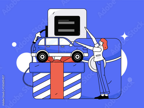 Vector Internet operation hand-drawn illustration of people getting discounts for refueling their cars

