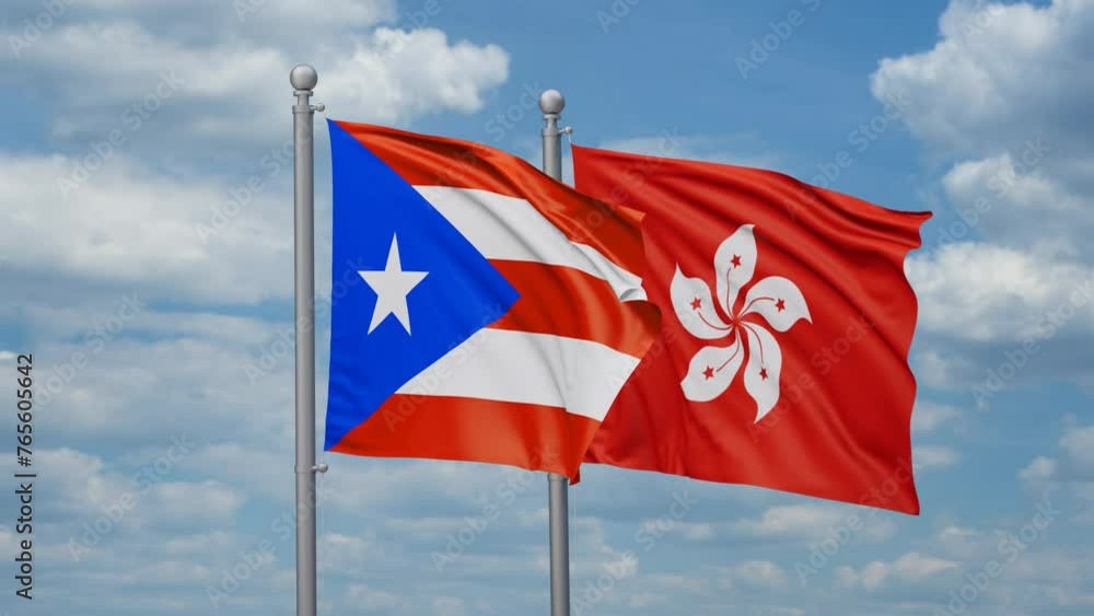 Hong Kong and Puerto Rico two flags waving together, looped video, two country relations concept Hong Kong and Puerto Rico two flags waving together, looped video, two country relations concept
