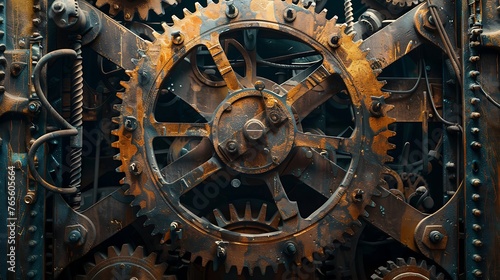 Vintage mechanical gear and wheel concept with closeup view of clockwork machinery in an industrial setting. Generative Ai