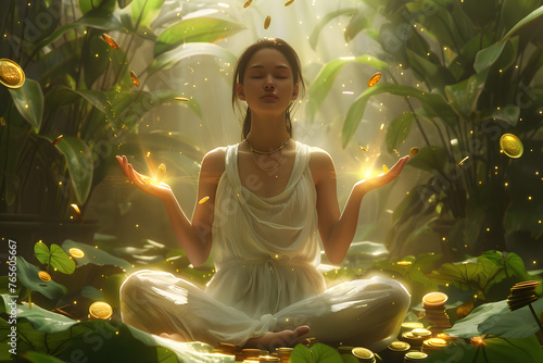 Woman sitting in a serene lotus position in a sunlit room filled with lush green plants, her hands open as if receiving, with ethereal golden coins raining gently around her. photo