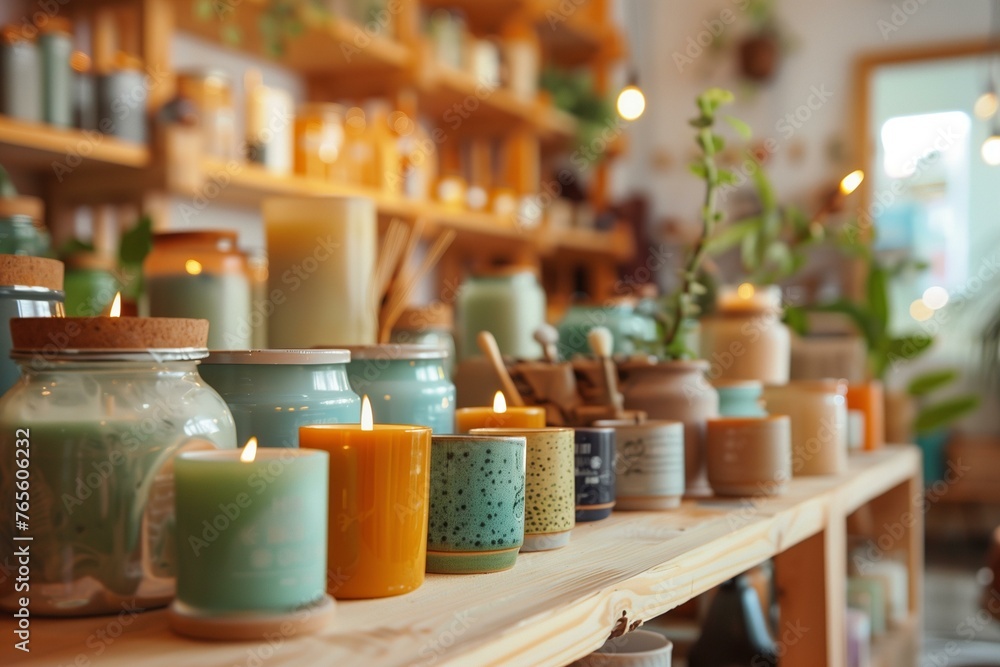 Handcrafted Candles on Shelves in Cozy Eco-Friendly Store