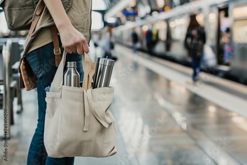 Eco-Friendly Traveler at a Train Station with Reusable Items