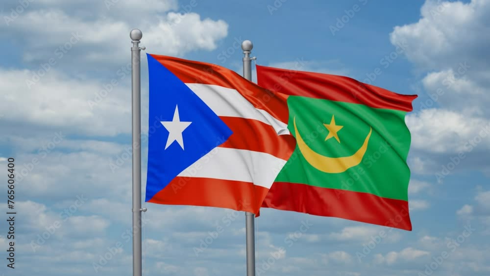 Mauritania and Puerto Rico two flags waving together, looped video, two country cooperation concept Mauritania and Puerto Rico two flags waving together, looped video, two country cooperation concept