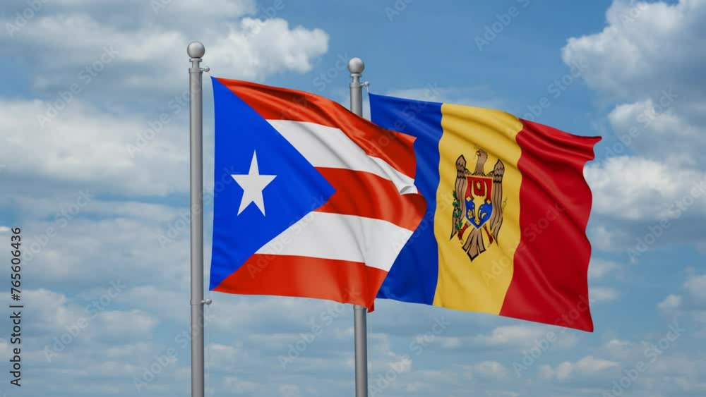 Moldova and Puerto Rico two flags waving together, looped video, two country cooperation concept Moldova and Puerto Rico two flags waving together, looped video, two country cooperation concept