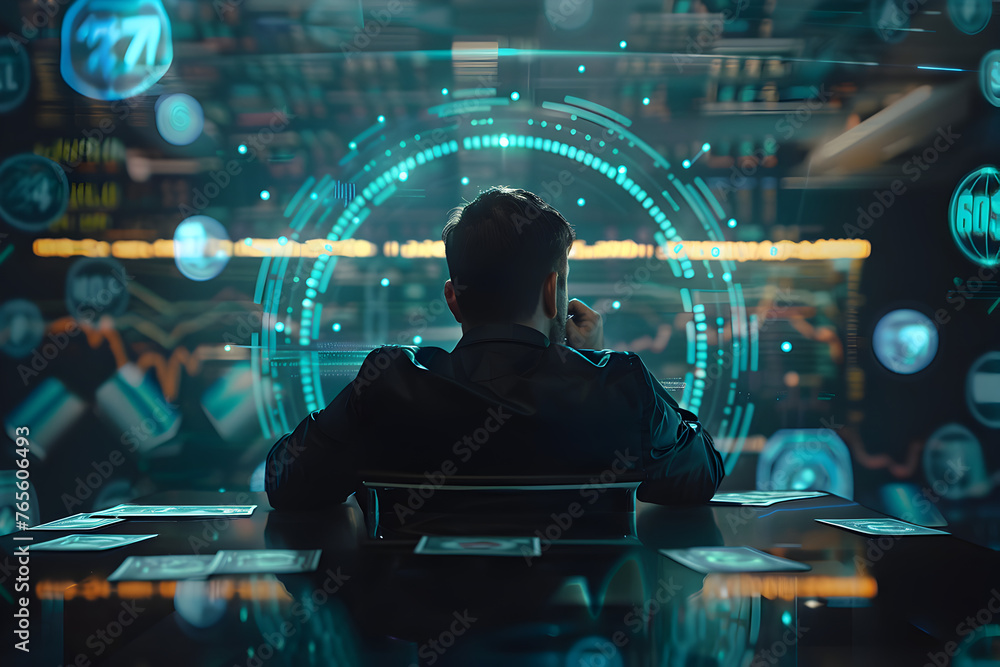 Man sitting at a sleek, modern desk, surrounded by virtual screens displaying financial markets and flowing currency symbols. His focus is intense, as digital representations of wealth orbit him. - obrazy, fototapety, plakaty 
