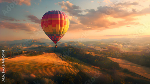A colorful hot air balloon floating above rolling hills