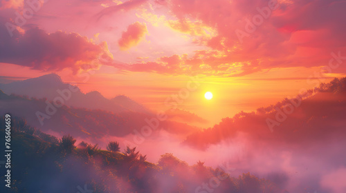 A colorful sunrise over a misty mountain range #765606659