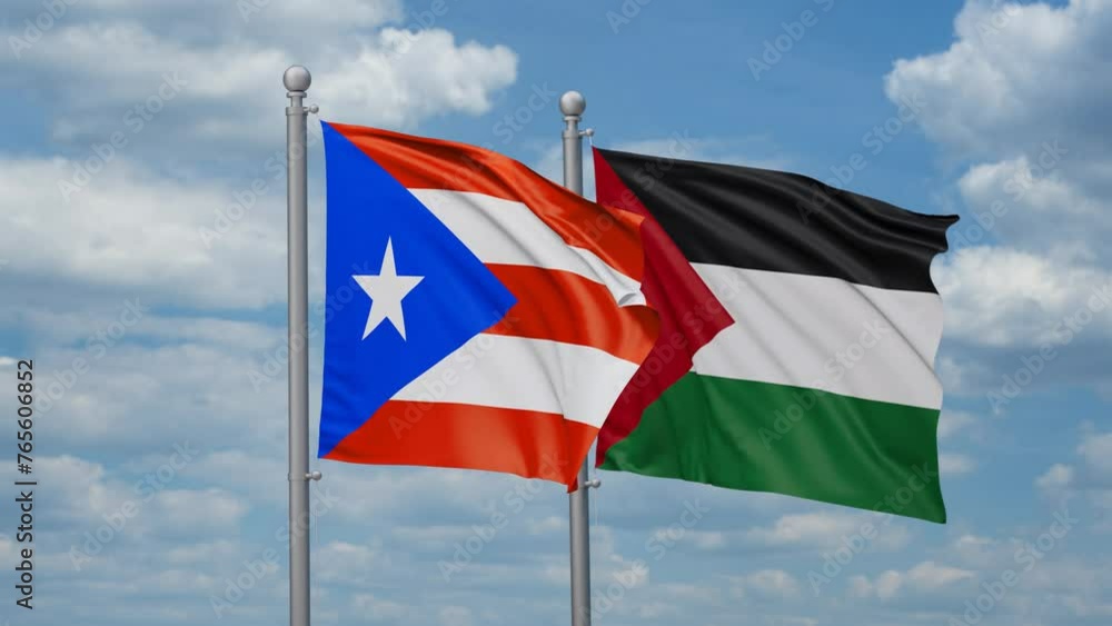 Palestine and Gaza Strip and Puerto Rico two flags waving together on blue sky, looped video Palestine and Gaza Strip and Puerto Rico two flags waving together on blue sky, looped video