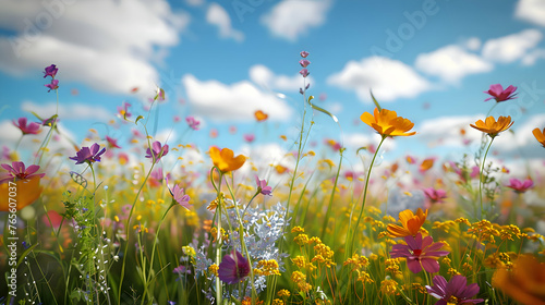 A field of colorful wildflowers swaying in the breeze