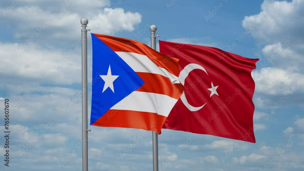 Republic of Turkey and Puerto Rico two flags waving together, looped video, two country cooperation concept Republic of Turkey and Puerto Rico two flags waving together, looped video, two country cooperation concept