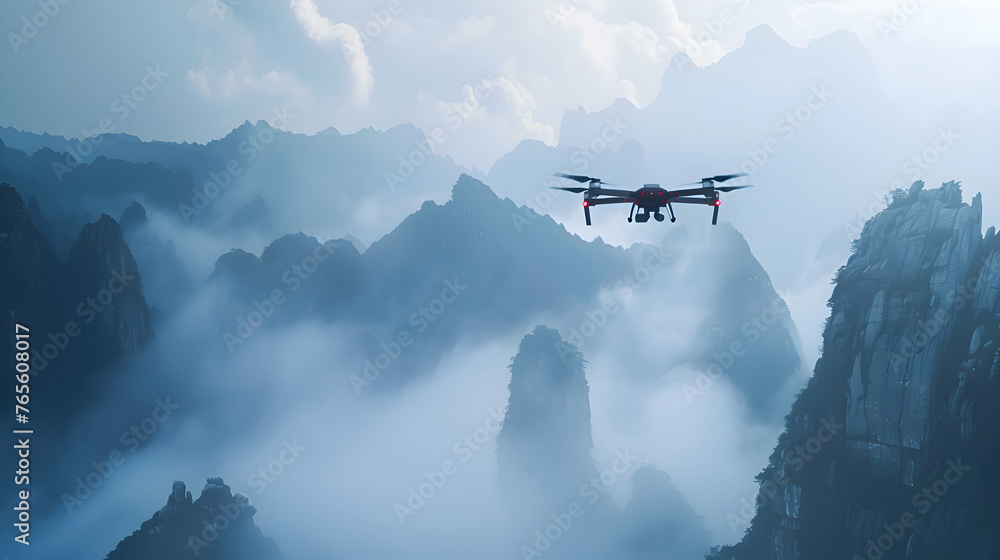 A high-tech drone hovering over misty mountains