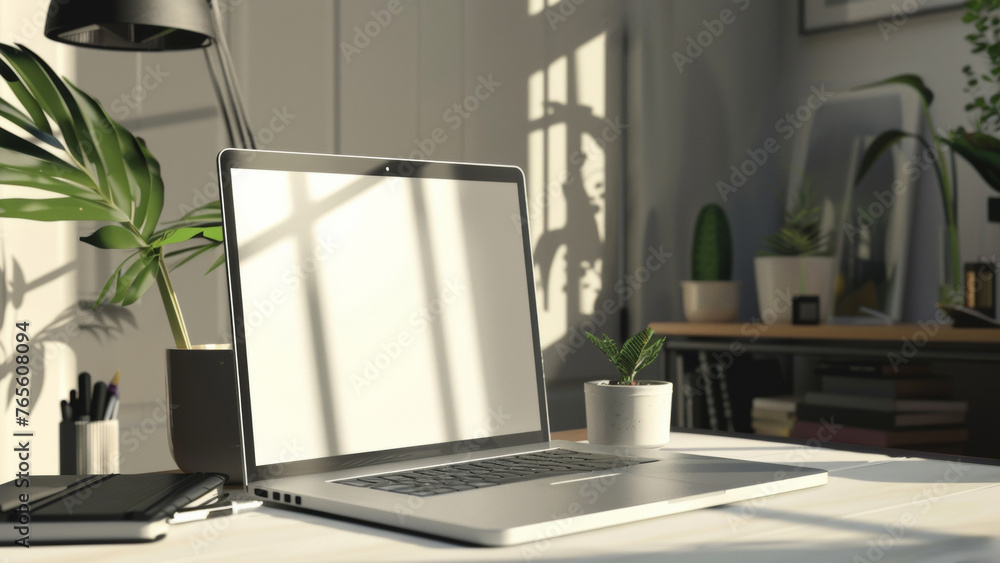 Sleek laptop on a desk with sunlight casting shadows. Sleek laptop on a desk with sunlight casting shadows.