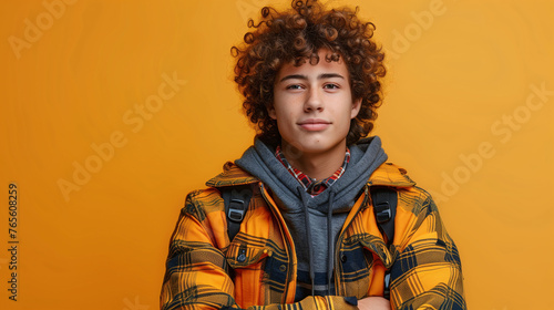 Portrait of a young man with curly hair smiling against a vibrant orange background, wearing a colorful plaid jacket. © amixstudio