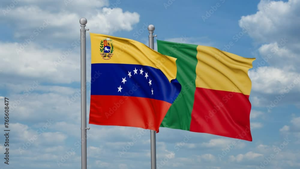 Venezuela and Benin two flags waving together, looped video Venezuela and Benin two flags waving together, looped video