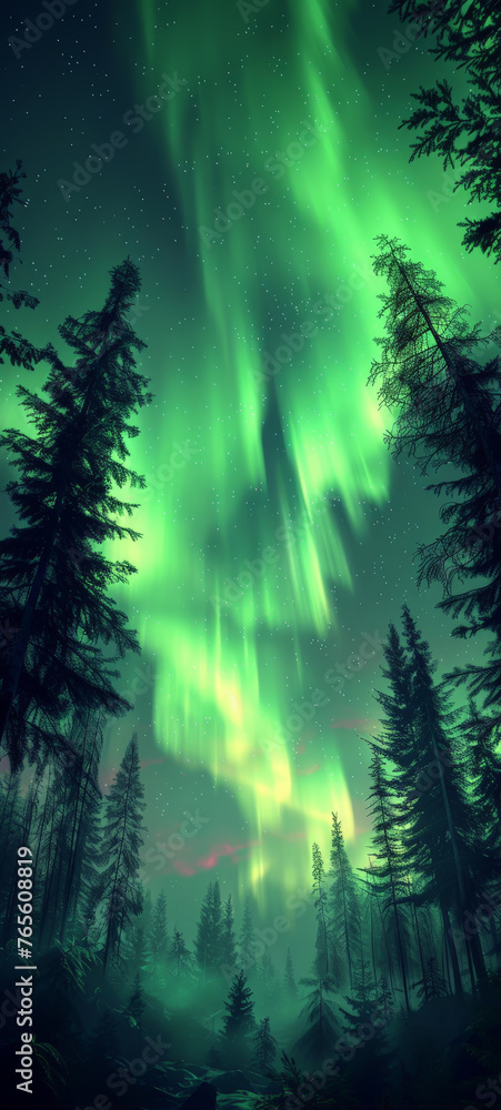 Aurora over a silent pine forest, wide shot, night, ethereal green lights,  3D style