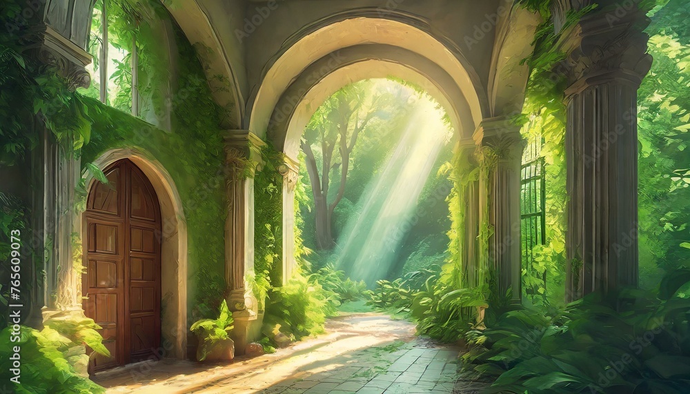 church in the park.a lush green hallway with arched doorways, bathed in warm light filtering through the arches, illuminating the space with a soft and inviting glow, evoking a sense of serenity and e