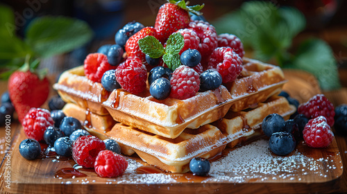 Fresh waffles with berries and mint on a wooden board, dusted with powdered sugar.