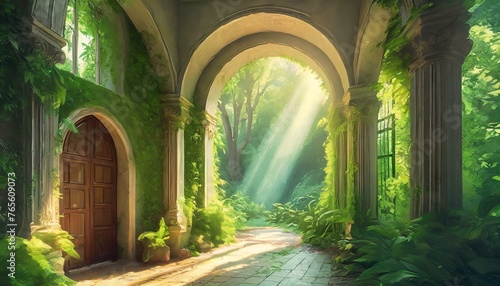 church in the park.a lush green hallway with arched doorways  bathed in warm light filtering through the arches  illuminating the space with a soft and inviting glow  evoking a sense of serenity and e