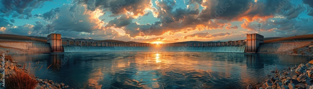 Breathtaking sunset over a large dam - A panoramic landscape showcasing a spectacular sunset over a water dam with dramatic clouds reflecting on the tranquil water