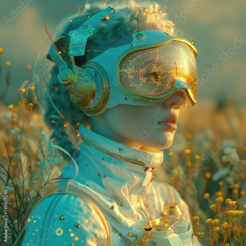 Astronaut with blurred face in a field of flowers - An astronaut in a surreal field of yellow flowers with a glitch edit and bokeh effect