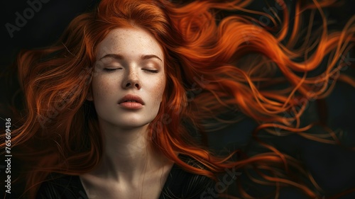 Ginger-haired woman with dynamic hair - A captivating woman with intense red hair in motion and a peaceful facial expression